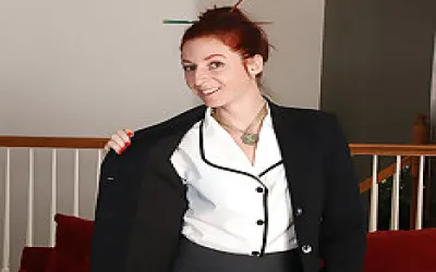 Red Hairy American Housewife Playing With Her Muff